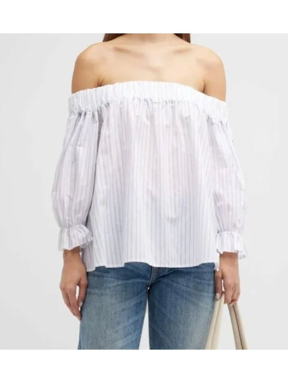 NWT Harshman Gruner Blouse Off Shoulder White Purple Stripes Size 2X $228 [jb]